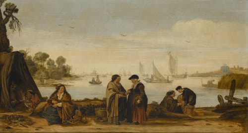 Rivierlandschap met handlezende vrouwen by Arent Arentsz