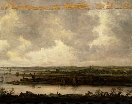 Vergezicht over een brede rivier by Jan van Goyen