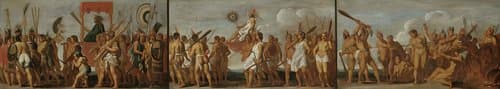 De behandeling van krijgsgevangenen door de Tupinamba-indianen, in drie taferelen by anonymous