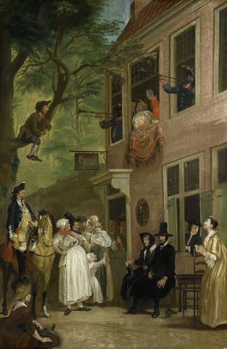 'De misleyden': de ambassadeur der Labberlotten vertoont zich voor het venster van de herberg 't Bokki in de Haarlemmerhout by Cornelis Troost