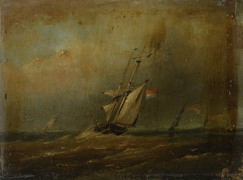 Woelige zee met zeilschepen by anonymous