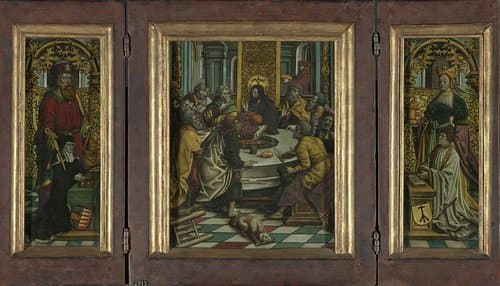 Triptych with the Last Supper (centre panel), Adriana van Roon (c. 1450-1527) with St James the Greater (inner left wing), Dirk Pietersz Spangert (c. 1465-1549) with St Mary Magdalen (inner right wing), the coats of arms of Adriana van Roon (outer left wing) and the Spangert house mark (outer right wing) by Jacob Cornelisz van Oostsanen