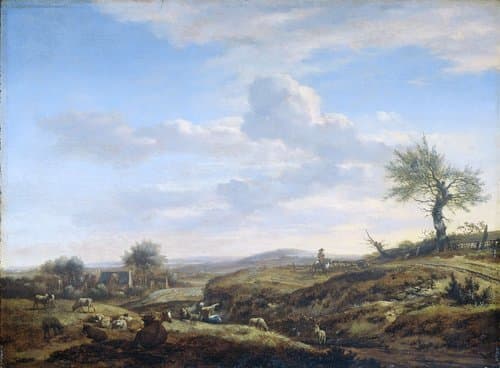 Heuvelachtig landschap met hoge weg by Adriaen van de Velde