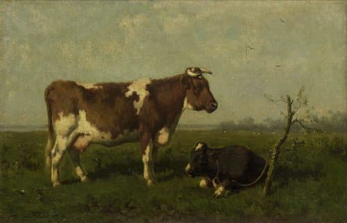 A Cow with her Calf in a Meadow by Jan Vrolijk