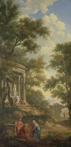 Arcadisch landschap met links een tempel en op de voorgrond een zittende oude man by Jurriaan Andriessen