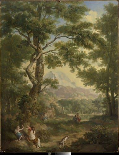 Arcadisch landschap met linksvoor kinderen met een vogel en een hond by Jurriaan Andriessen