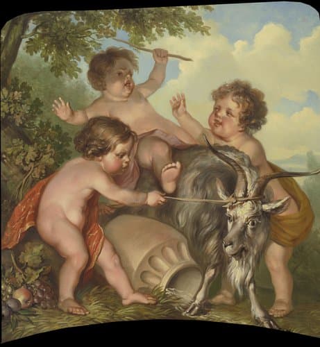 Drie kinderen spelend met een bok by Jurriaan Andriessen