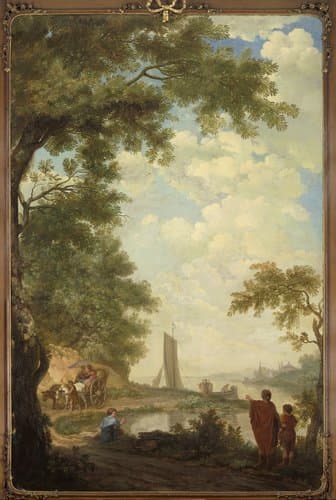 Arcadisch landschap met figuren bij een rivieroever by Jurriaan Andriessen