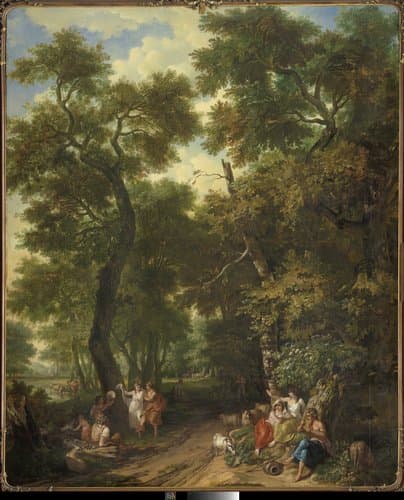 Arcadisch landschap met musicerende en dansende herders by Jurriaan Andriessen