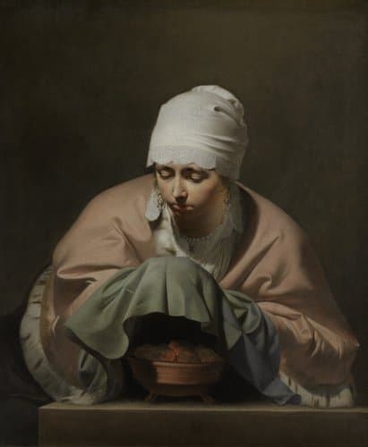 Een jonge vrouw haar handen warmend boven een vuurtest, mogelijk een allegorie op de Winter