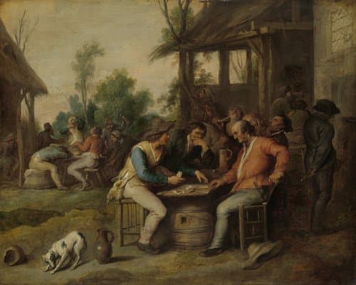 Kaartende mannen die ruzie maken bij een herberg
