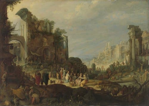 Travellers among Roman Ruins with Rebecca and Eliezer at the Well by Guilliam van Nieulandt (II)