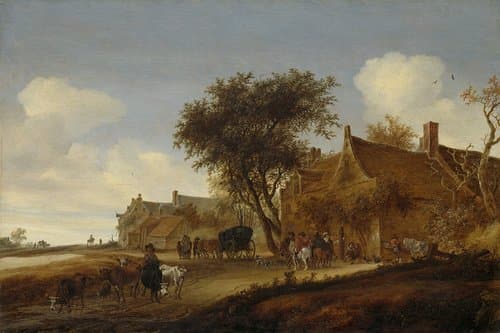 Dorpsherberg met reizigers bij een herberg by Salomon van Ruysdael