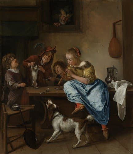 Children teaching a cat to dance, known as 'The dancing lesson' by Jan Havicksz. Steen