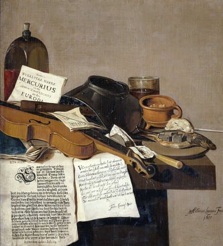 Stilleven met een exemplaar van De Waere Mercurius, een nieuwsblad over Tromp's overmeestering van drie Engelse schepen op 28 juni 1639, en een gedicht over de schoenmaker die het werk van Apelles misprijst by Anthonius Leemans