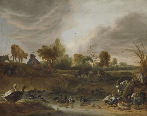 Landschap met een herder, vee en pluimvee by Cornelis Saftleven