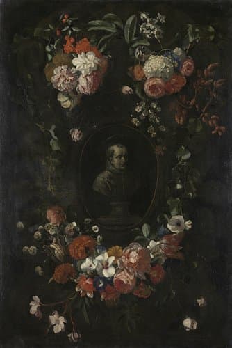 Feigned Sculpted Bust of the Blessed Hieronymus Werdanus Set in a Feigned Stone Cartouche, Decorated with a Swag and Two Bunches of Flowers by Wouter Gysaerts; David Teniers (II)