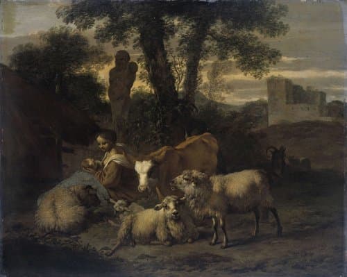 Italiaans landschap met herderin en vee by Simon van der Does