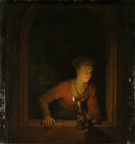 Meisje met olielamp voor een venster by Gerard Dou