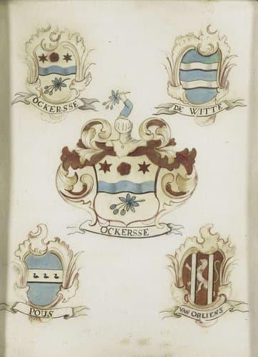 Het wapen van een vrouwelijk lid van de familie Ockersse, gehuwd met van Gelre en moeder van Anna Digna van Gelre, met de wapens van haar vier grootouders by anonymous