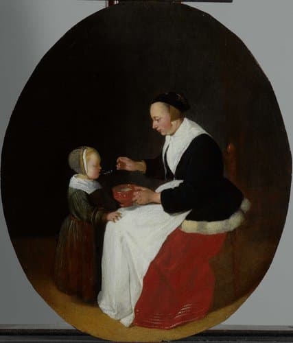 Een moeder die haar kind pap voert by Quiringh Gerritsz. van Brekelenkam