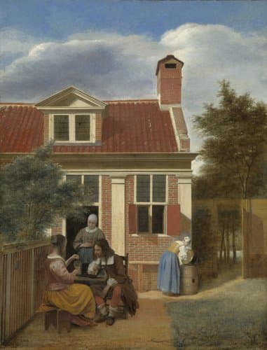 Een gezelschap op de plaats achter een huis by Pieter de Hooch