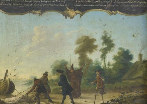 Allegorie op de vrije liefde: een heer, een monnik en een bedelaar sprekend met twee vissers die een vrouw in een net gevangen hebben by Joseph Pierre Vianey