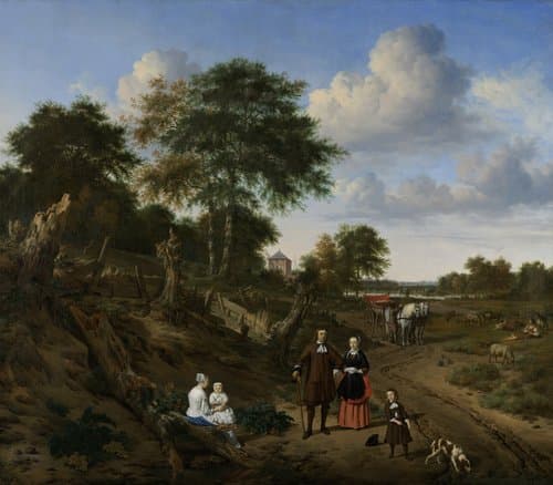 Portret van een echtpaar met twee kinderen en een min in een landschap by Adriaen van de Velde