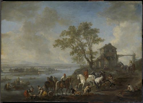 Paardenwed bij een rivier by Philips Wouwerman