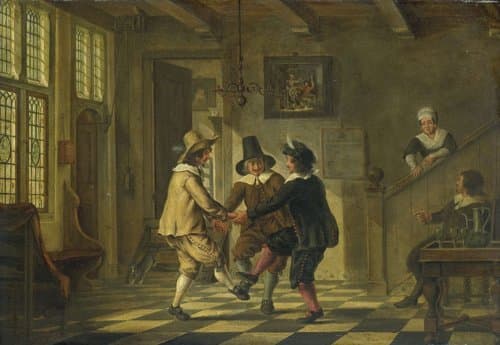 Drie mannen in zeventiende-eeuws kostuum dansend in een voorhuis by anonymous