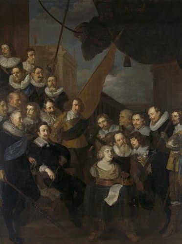 De compagnie van kapitein Cornelis Bicker en luitenant Frederick van Banchem, gereed voor de ontvangst van Maria de' Medici, koningin-weduwe van Frankrijk, in september 1638