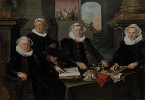 Drie regentessen en de binnenmoeder van het leprozenhuis te Amsterdam by Werner van den Valckert