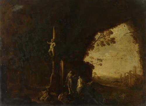 Nimfen in een grot met antieke ruïnes by Petrus van Hattich