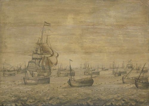 De Hollandse haringvloot aan de vleet by Pieter Vogelaer