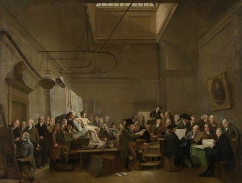 De tekenzaal van de Maatschappij Felix Meritis te Amsterdam, met portretten van kunstenaars, verzamelaars van schilder- en tekenkunst en enkele kunstmakelaars by Adriaan de Lelie