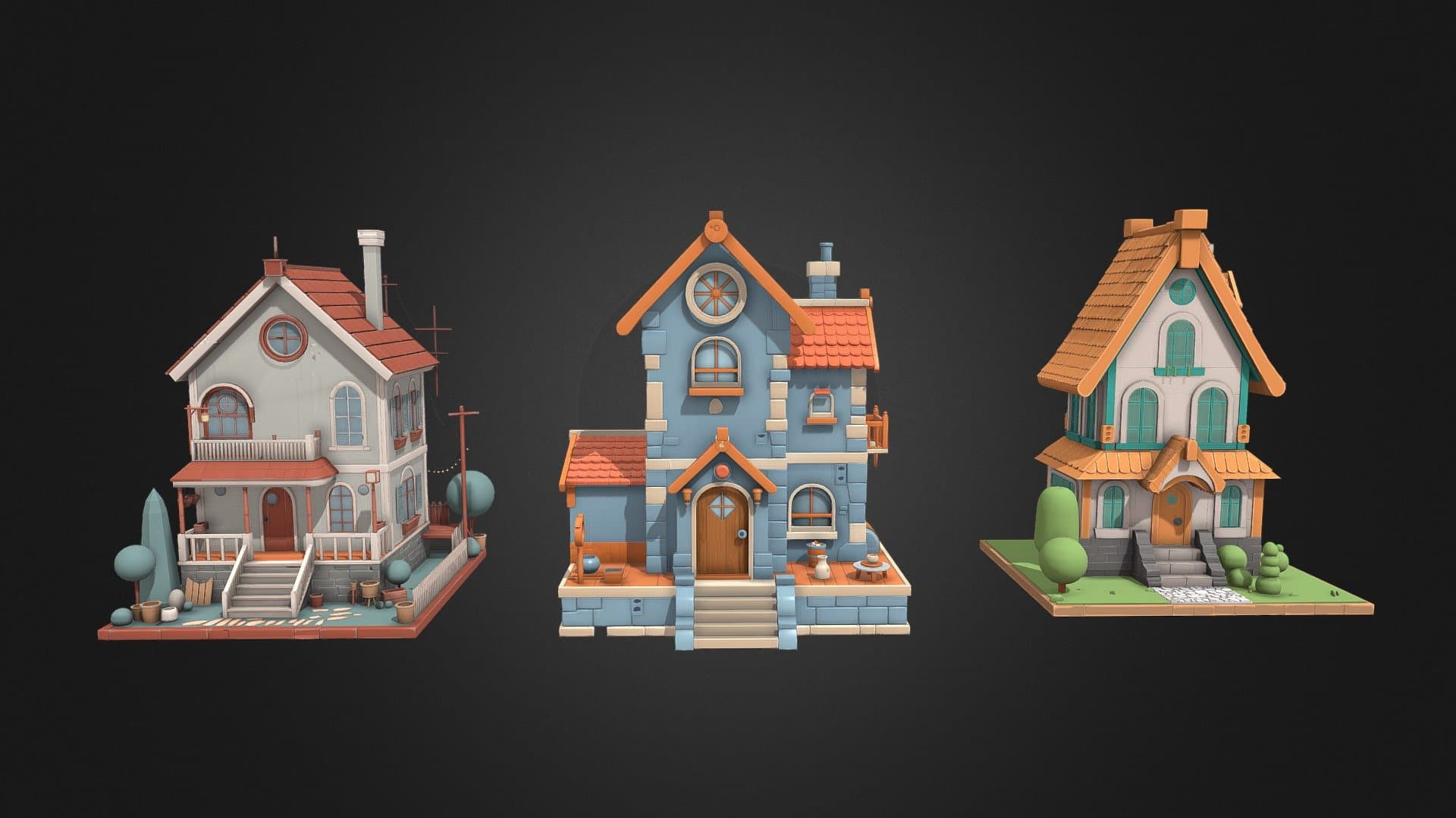 Cartoon two-story villa low polygon 3D model